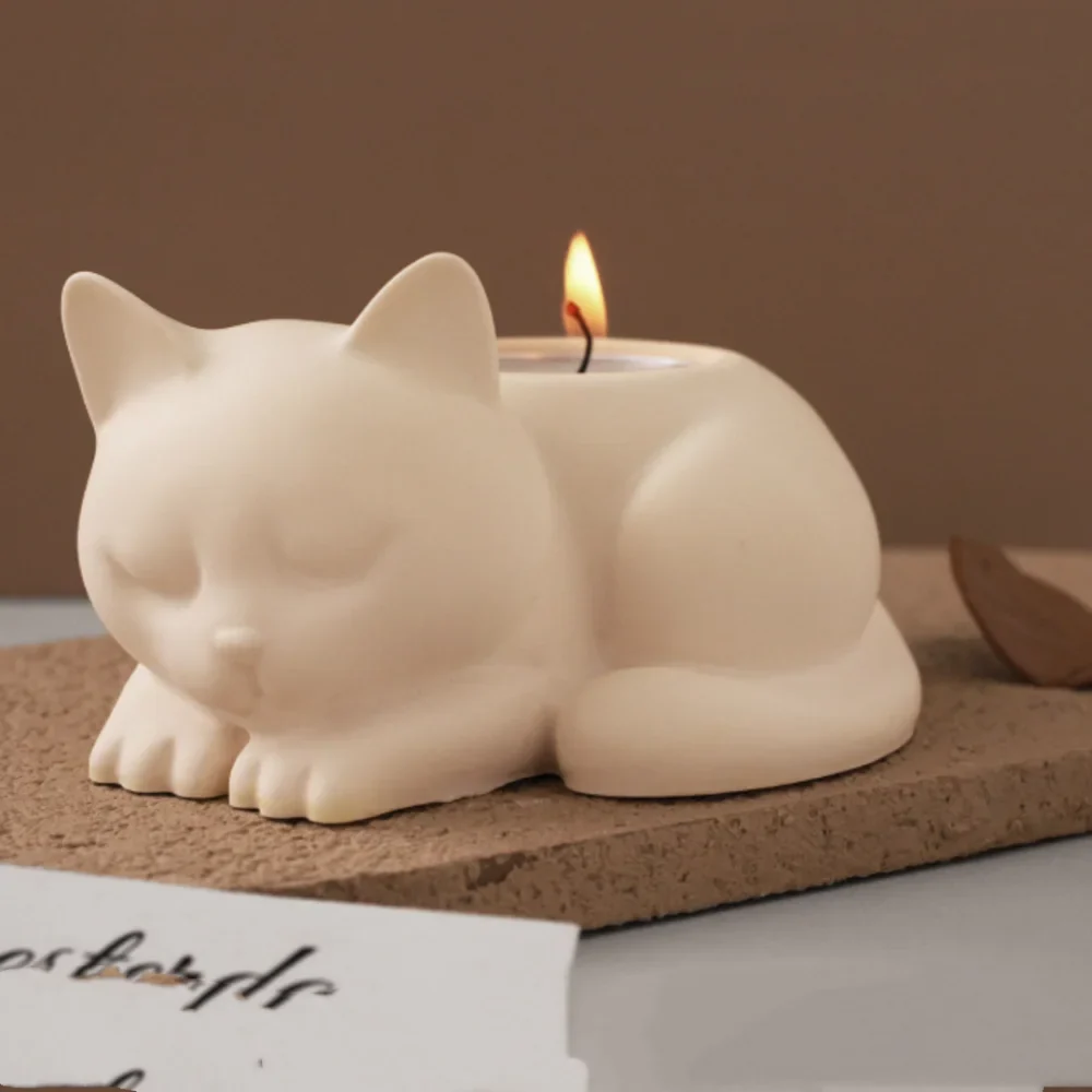 3D Cat Candle Holder Silicone Mold Candlestick Jar Cup Mould Animal
