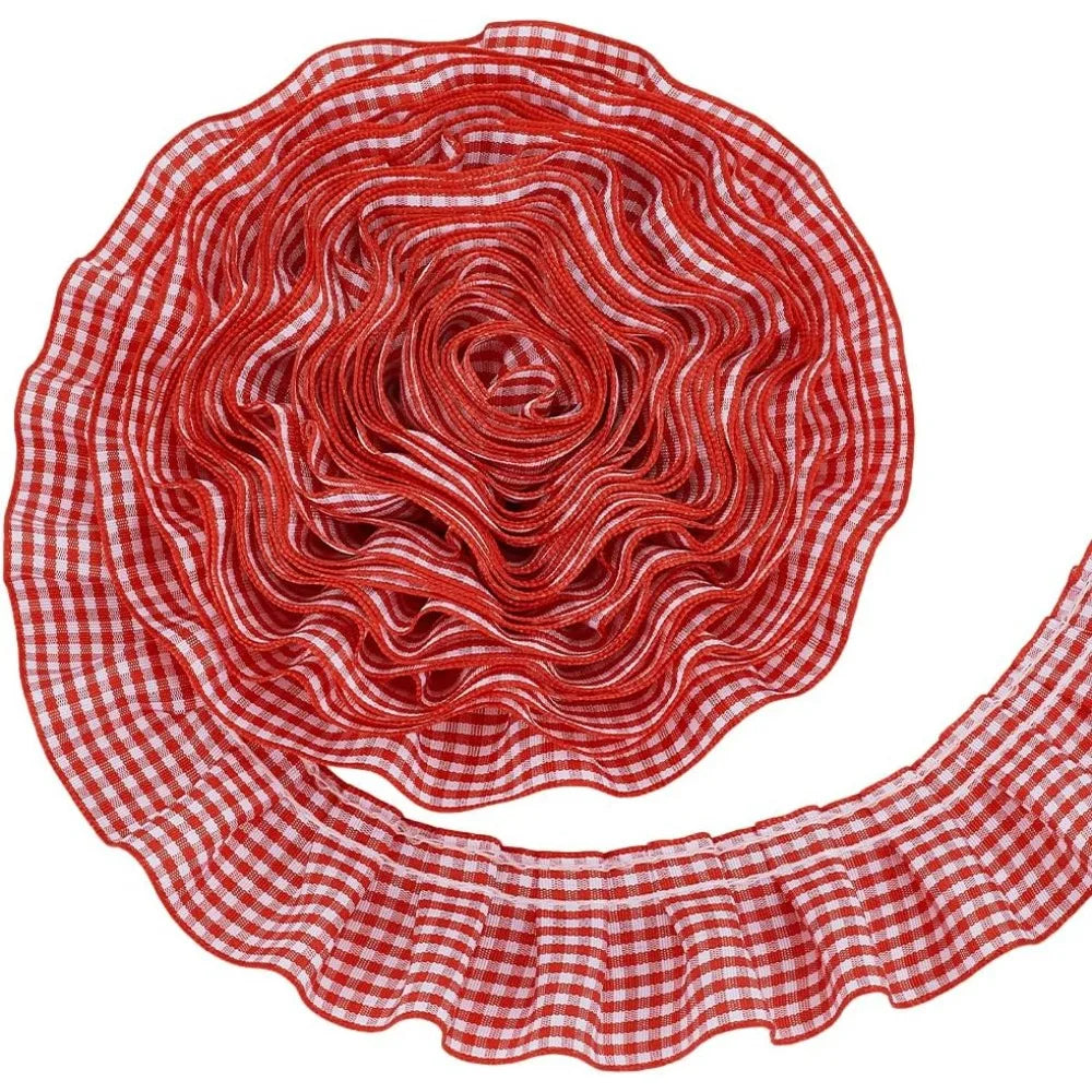 Cerise Gingham Ruffle Ribbon 40mm | 10m Polyester Craft Trim