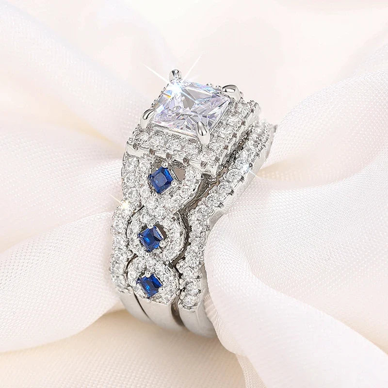 Huitan 3-Piece CZ Bridal Ring Set | Princess Wedding Jewelry