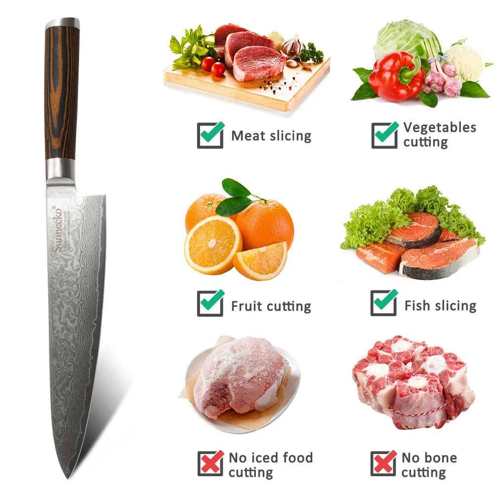 Sunnecko Damascus Chef Knife Set – VG10 Steel & Pakkawood