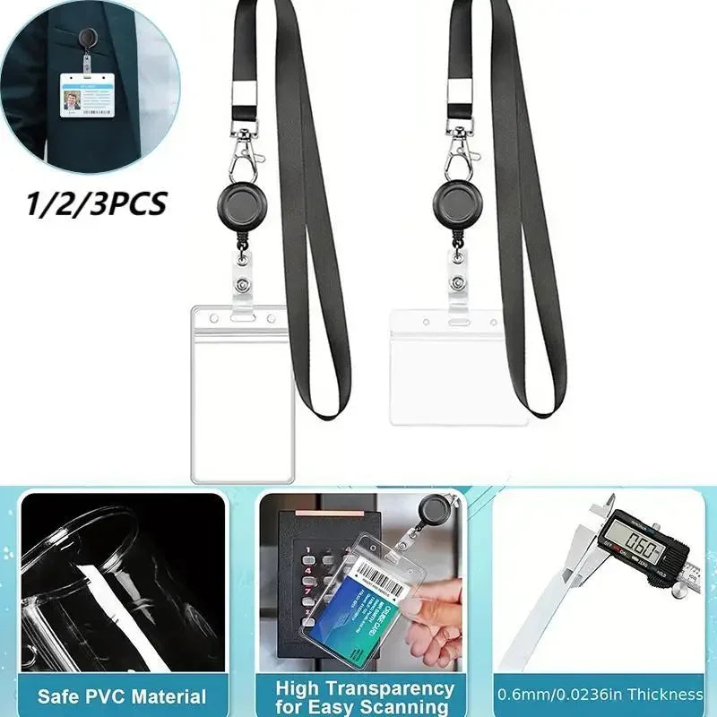 Retractable Badge Reel & Waterproof PVC ID Card Holder 1/2/3 Pk