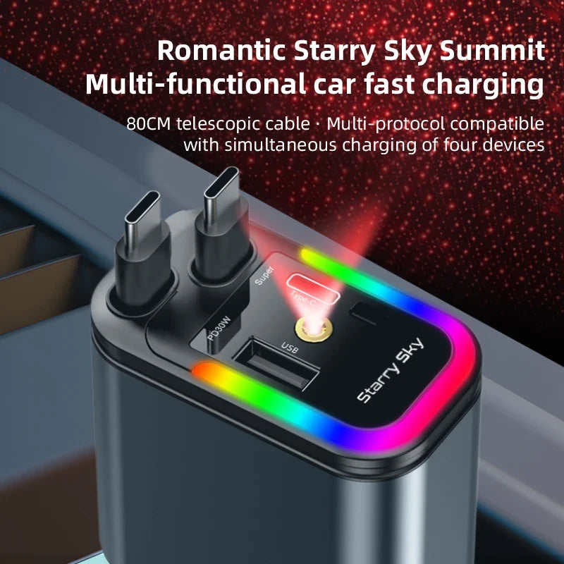 4-in-1 180W Fast Car Charger with 2 Retractable Cables
