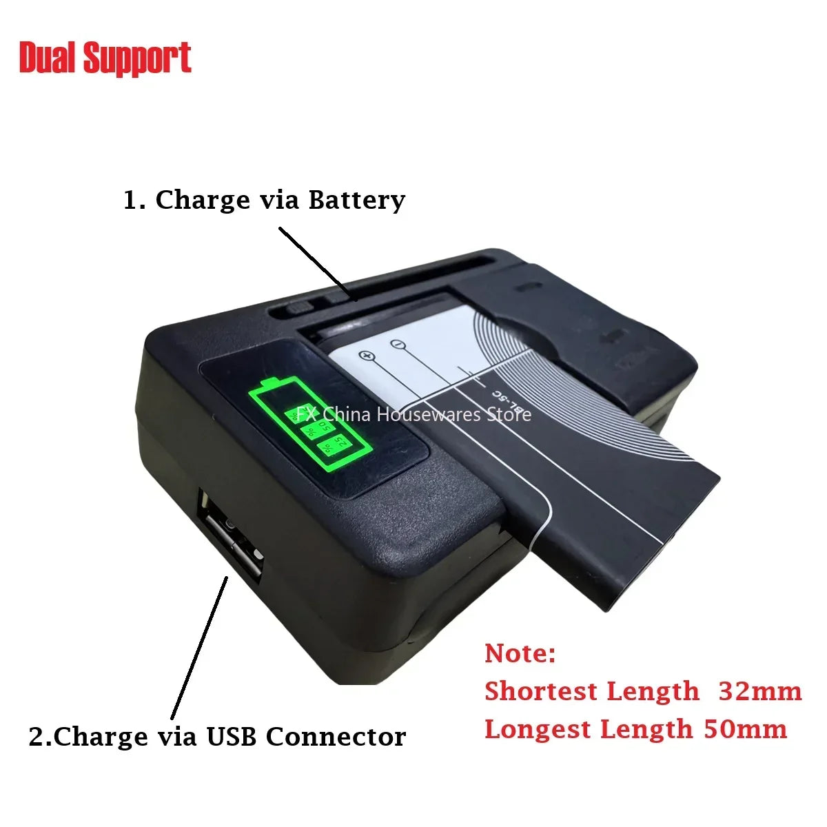 Universal LCD Battery Charger with USB Port | 32–55mm