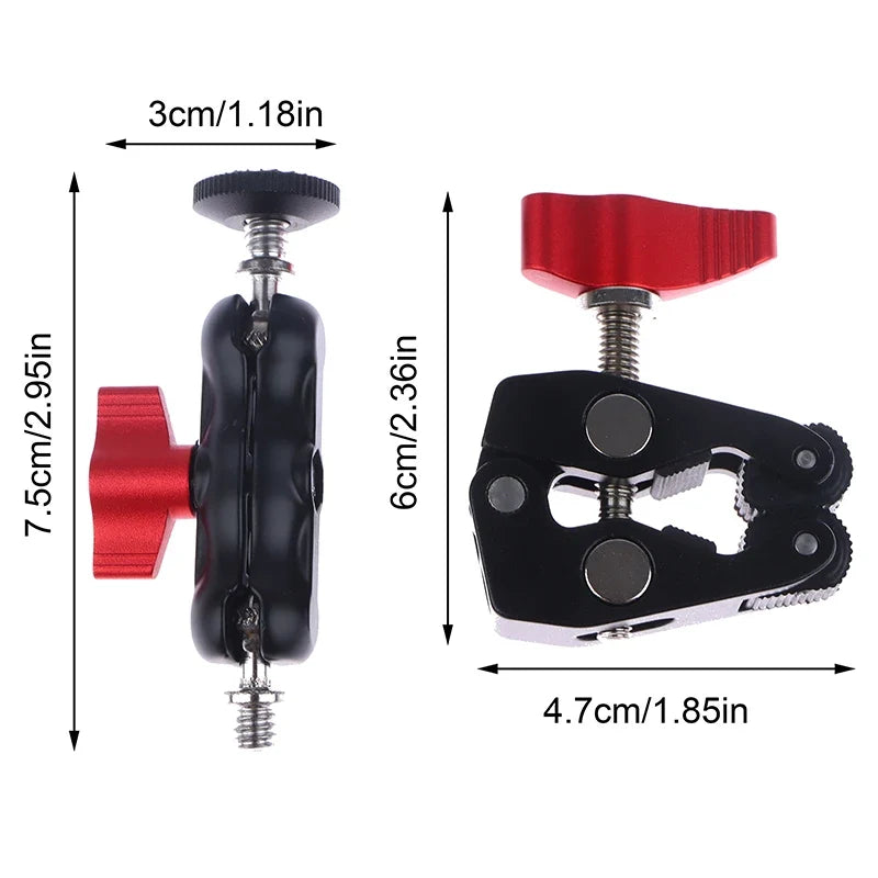 Double Ball Head Magic Arm Clamp 1/4" 3/8" Aluminum Alloy