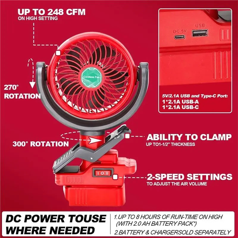Cordless Clip-On Fan – 2-Speed, 270° & 300° Rotation + USB Ports