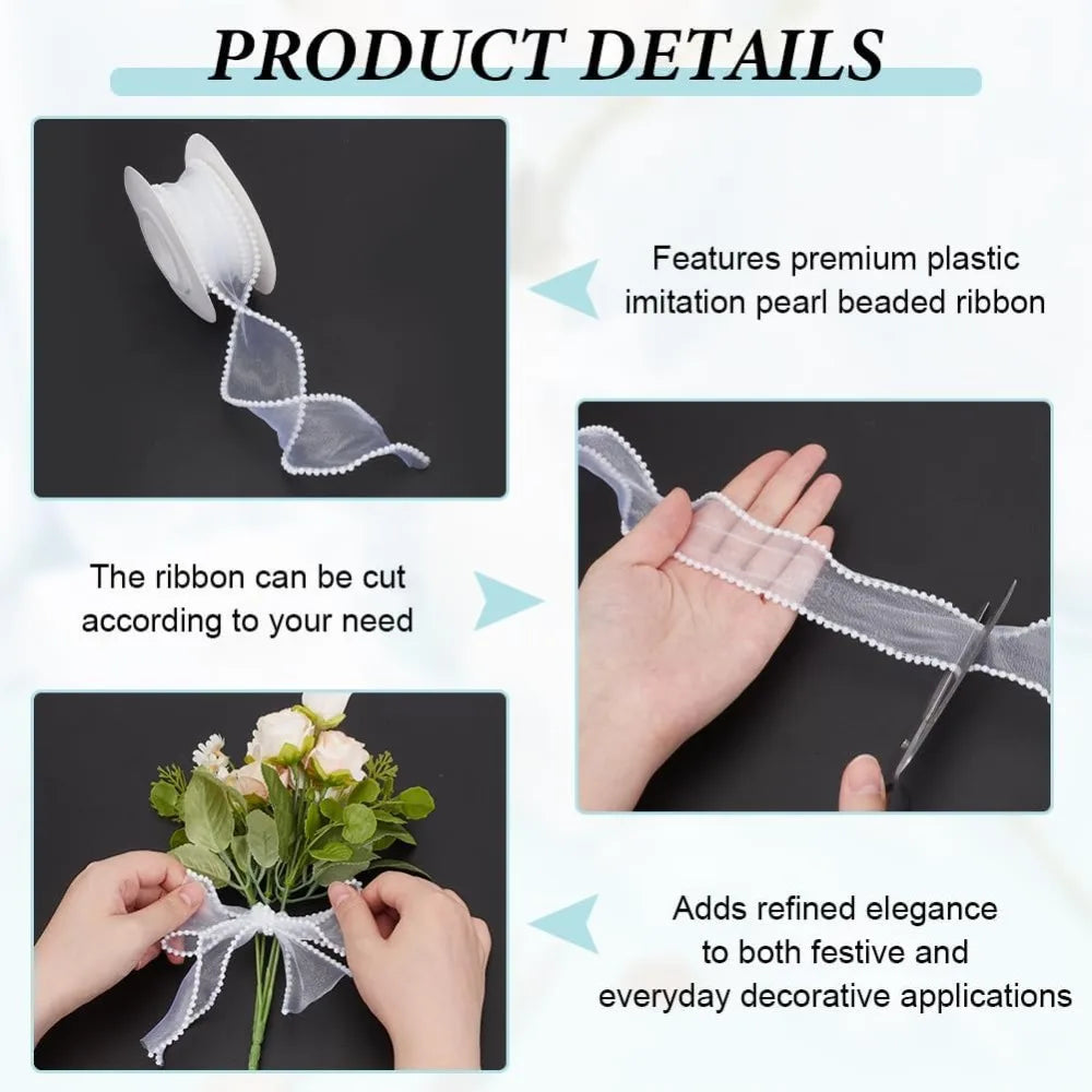 White Pearl Edge Sheer Wired Ribbon 40mm x 4.5m | Craft Ribbon
