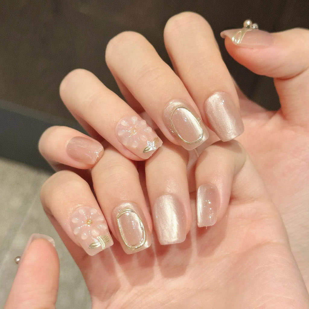 10pcs Cat Eye Flower Press On Nails – Short Oval False Tips