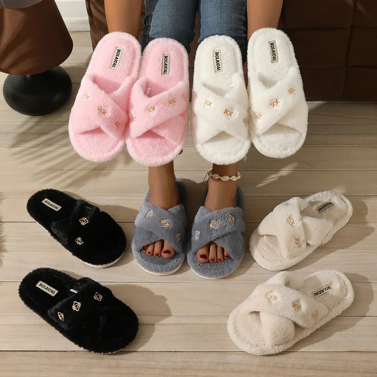 Women's Fluffy Fur Slippers – Embroidery Plush Cross Band Slides