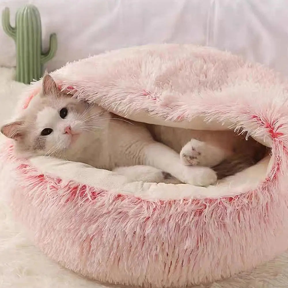 Winter Plush Round Cat Bed – Warm Semi-Enclosed Pet Nest