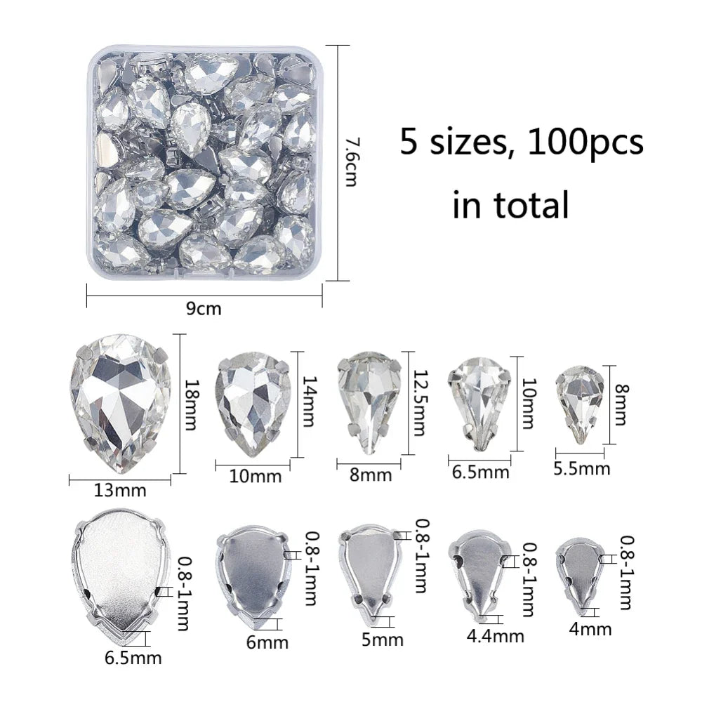 94 Pcs Teardrop Glass Rhinestones – 6 Sizes, Pointed Back Gems