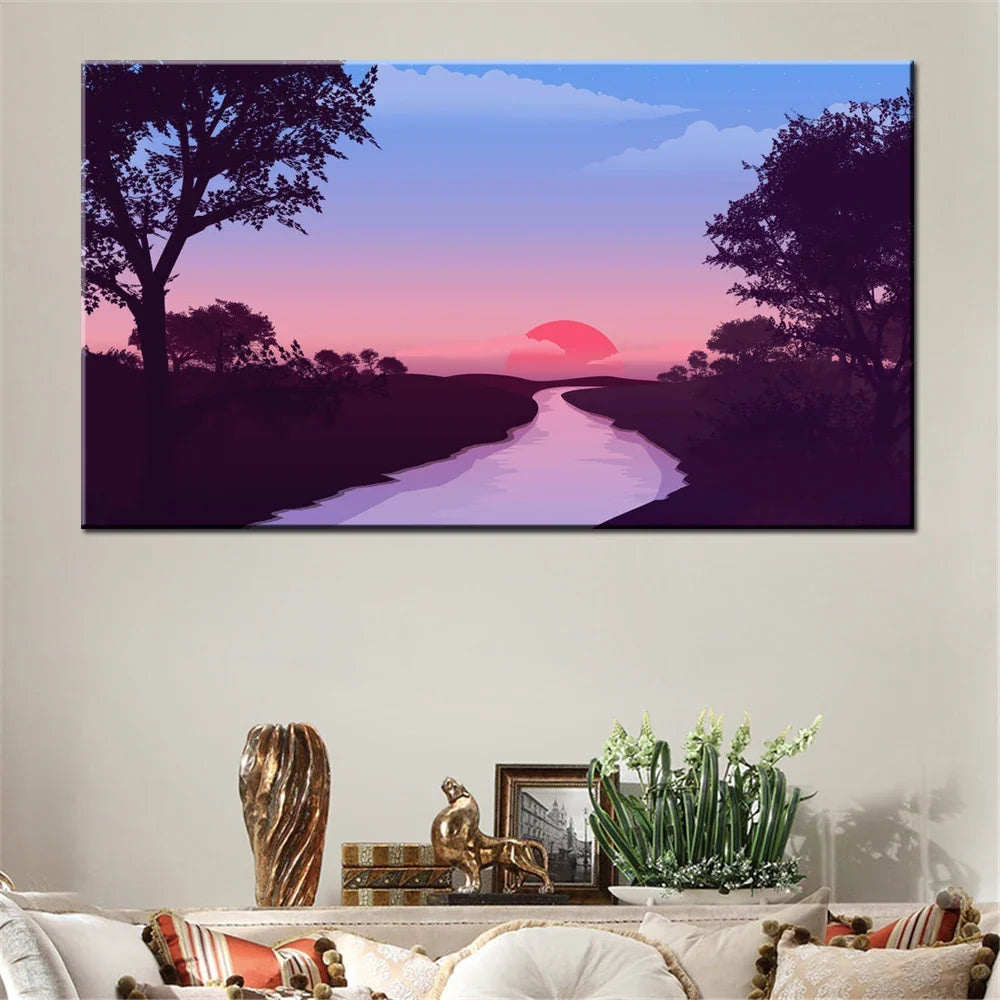 Sunset River Canvas Wall Art | Unframed Scenery Poster