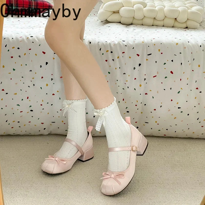 Women's Satin Butterfly-Knot Mary Jane Block Heel Pumps