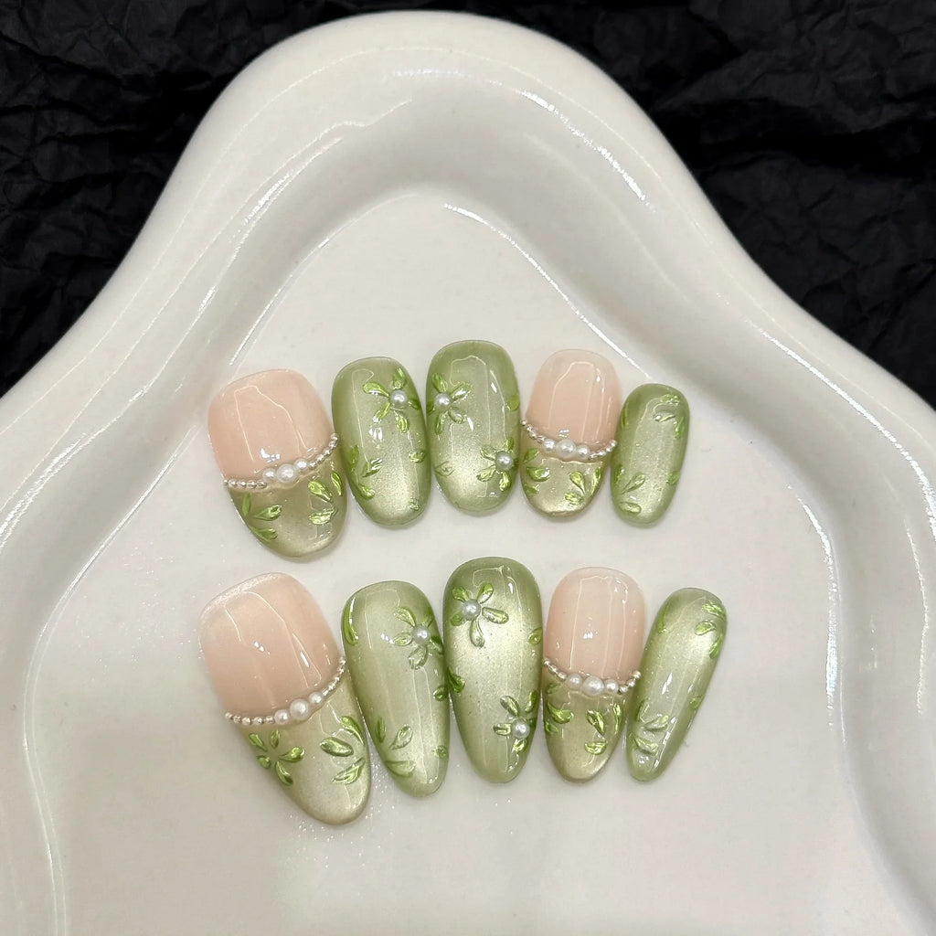 Press On Nails Green Flower Cat Eye Short Oval – 10pcs Set