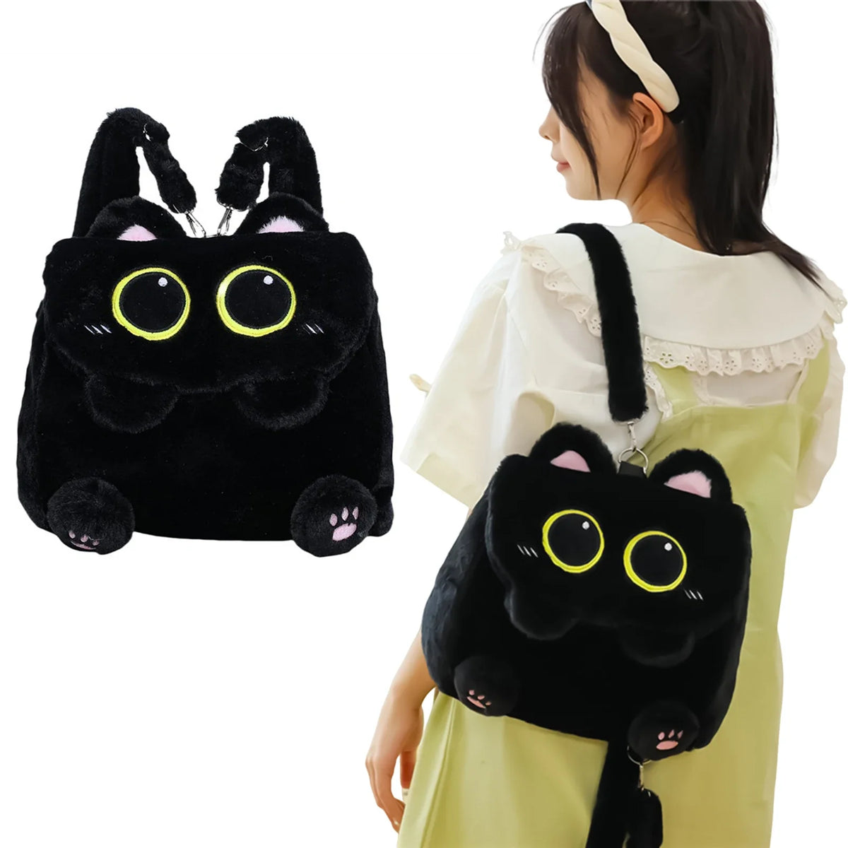 Black Cat Plush Backpack for Girls – Cute Kitten School Bag