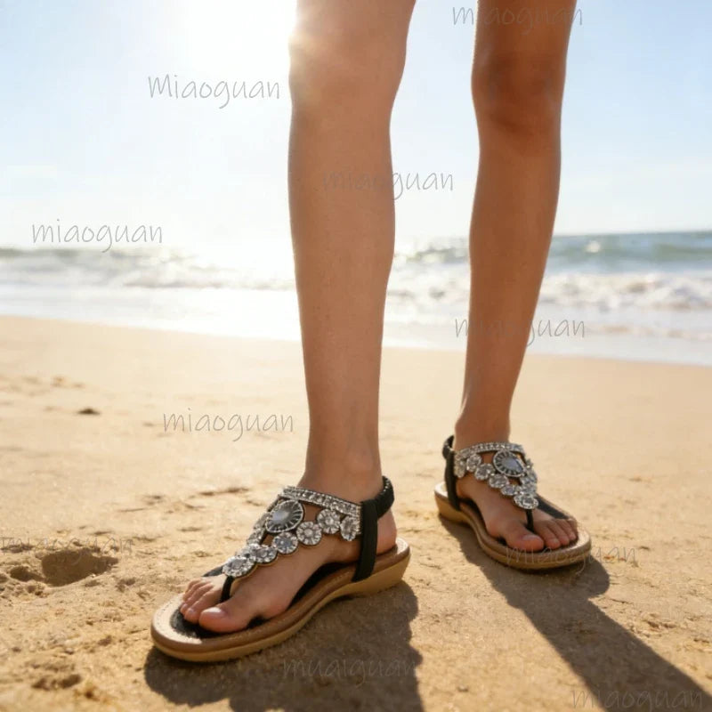 Women's Crystal Flat Sandals – Bohemian Beach Flip-Flops