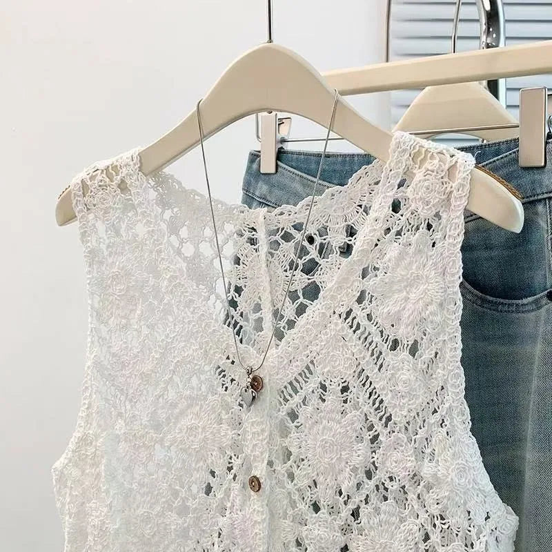 Open Knit Floral Crochet Vest – Boho Sleeveless Cardigan