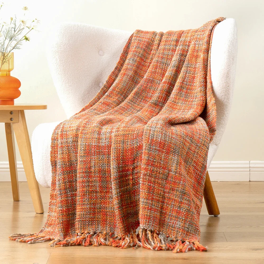 Battilo Orange Boho Cable Knit Throw Blanket with Tassels