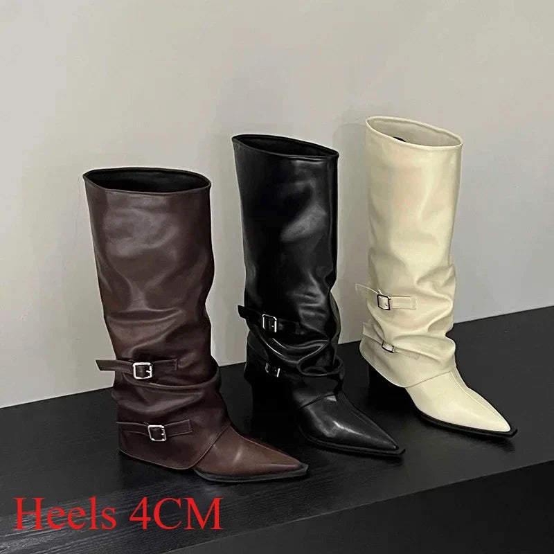 Women's Knee-High Knight Boots – Belt Buckle Chunky Heel