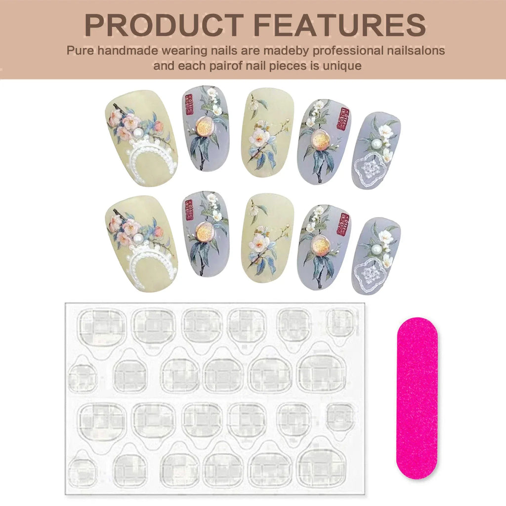 Press On Nails Yellow Blue Floral Pearl Design – Short Round