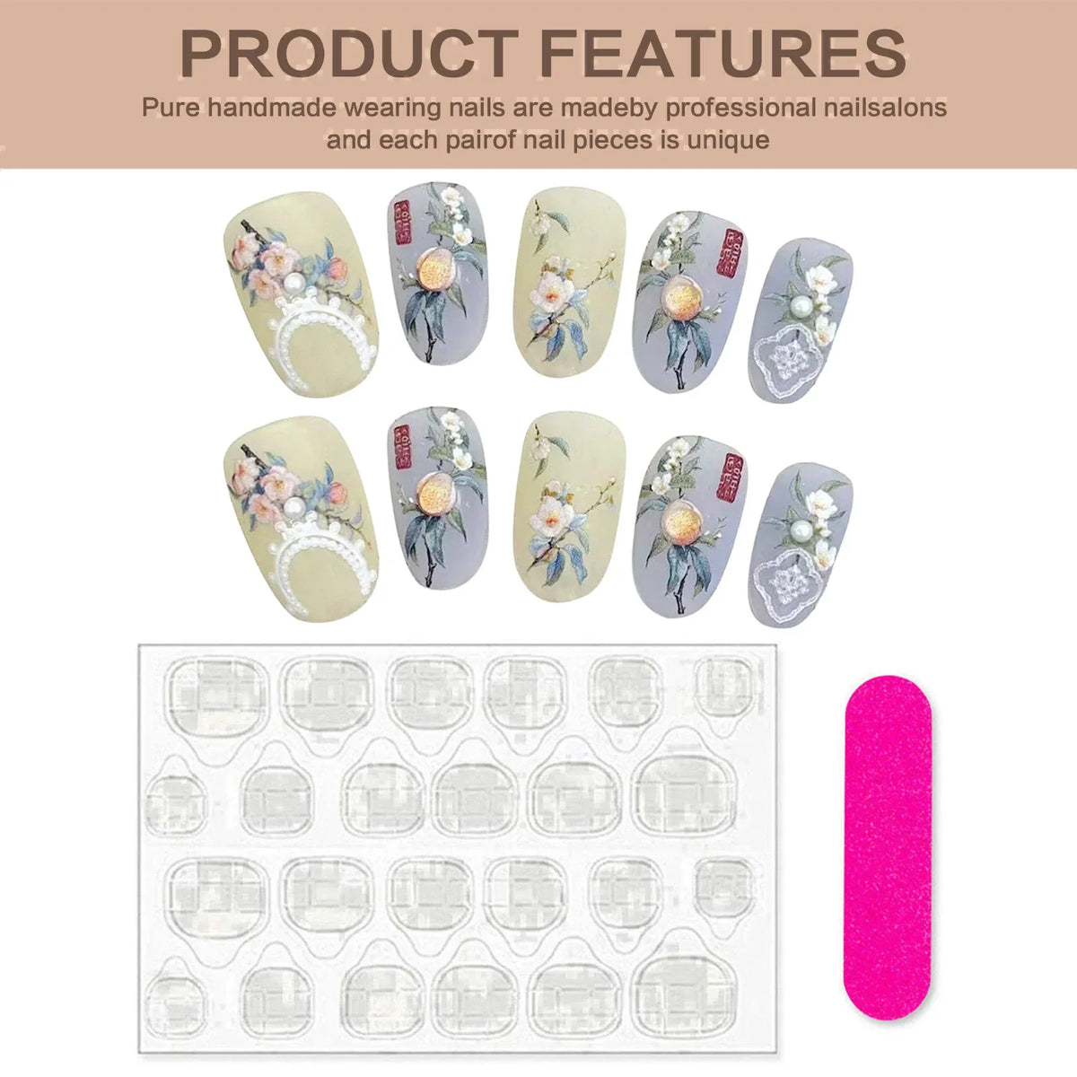 Press On Nails Yellow Blue Floral Pearl Design – Short Round