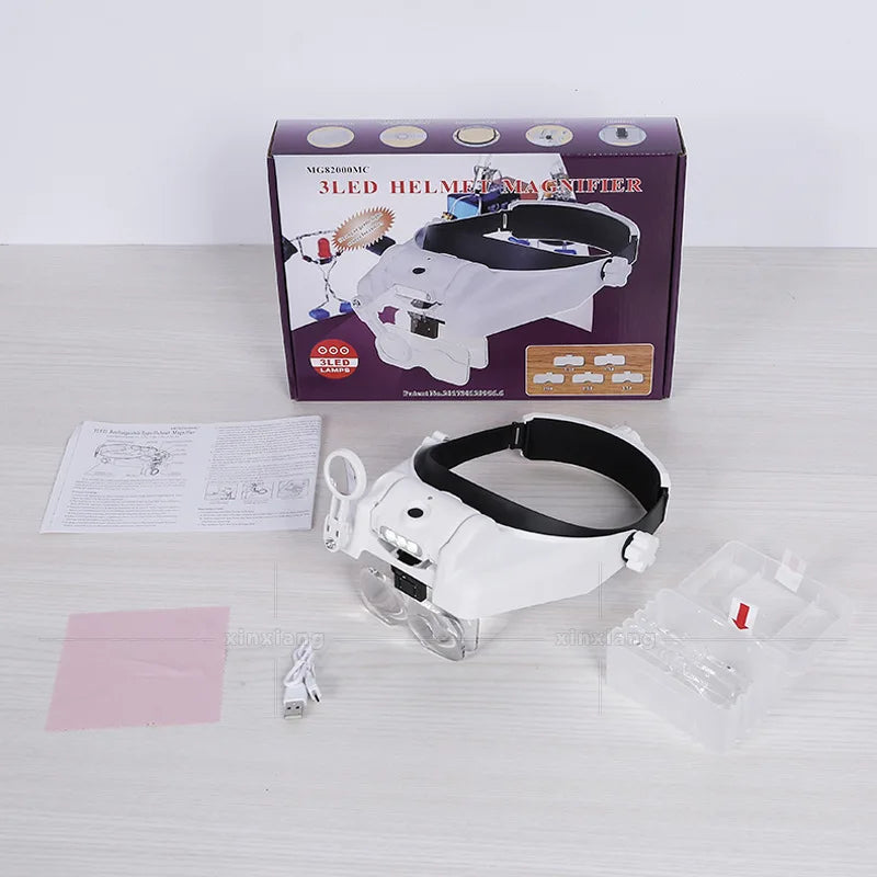 Headband Magnifier LED Rechargeable Loupe – Interchangeable Lens