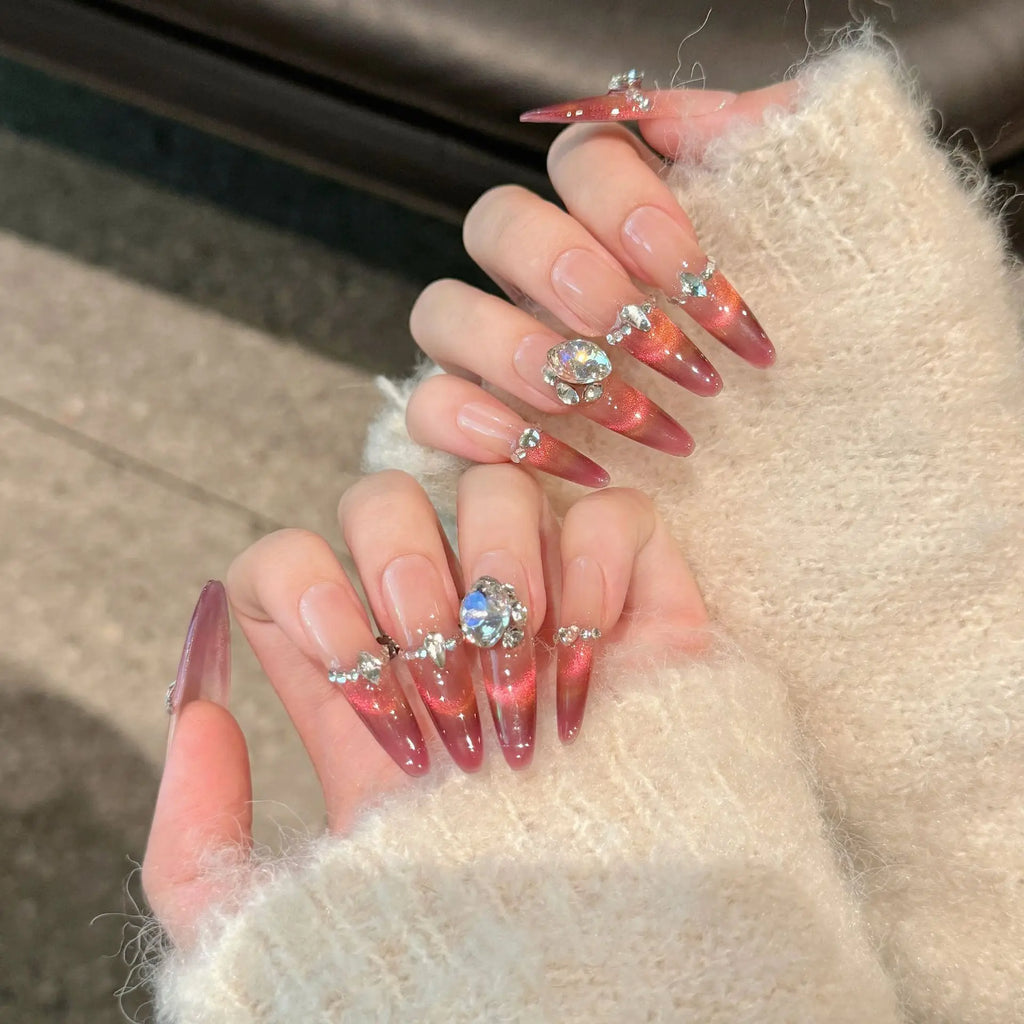 Press-On Nails Pomegranate Pink Cat Eye Long Oval | YADORNOS