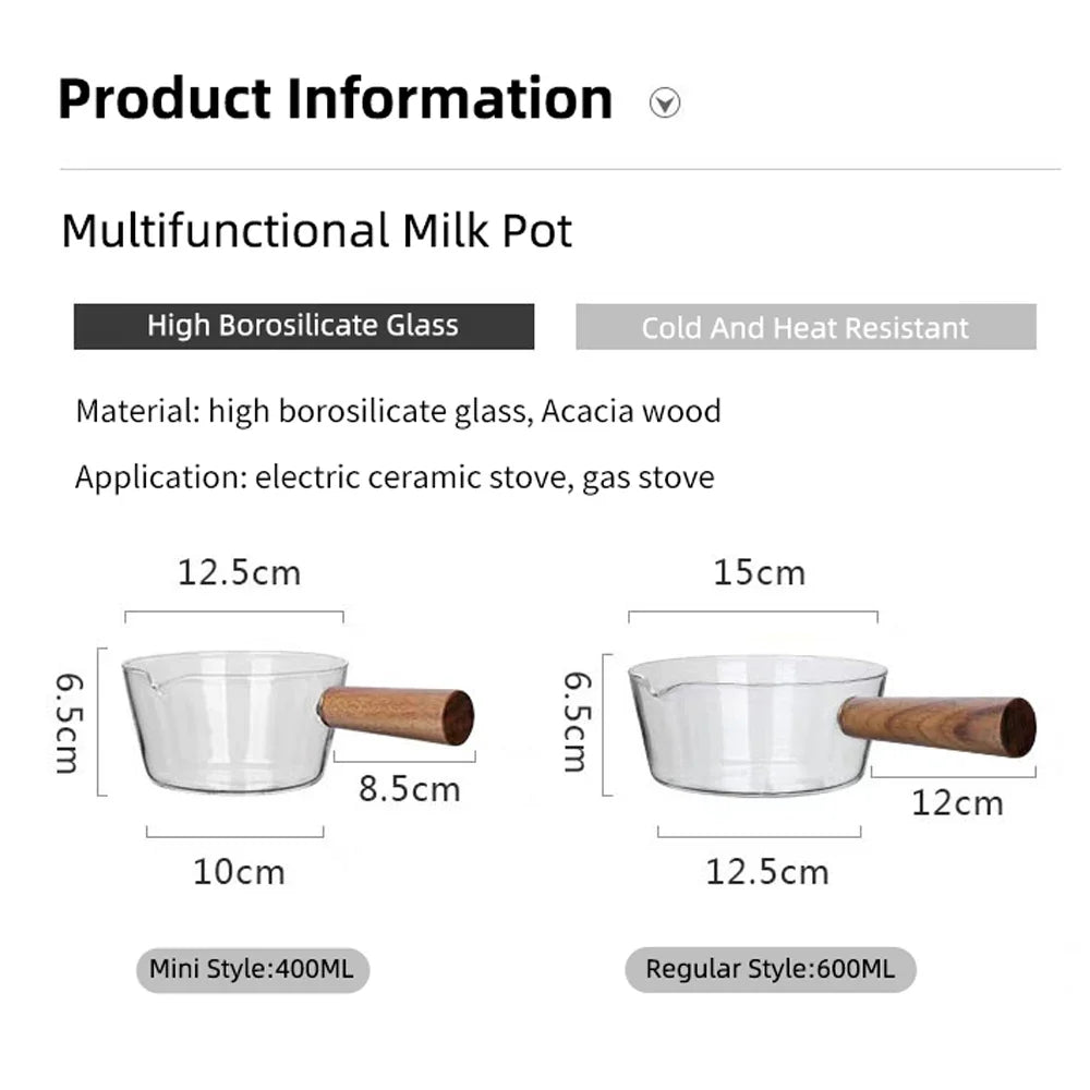 KEMORELA Glass Milk Pot Wooden Handle – 400ml/600ml Saucepan