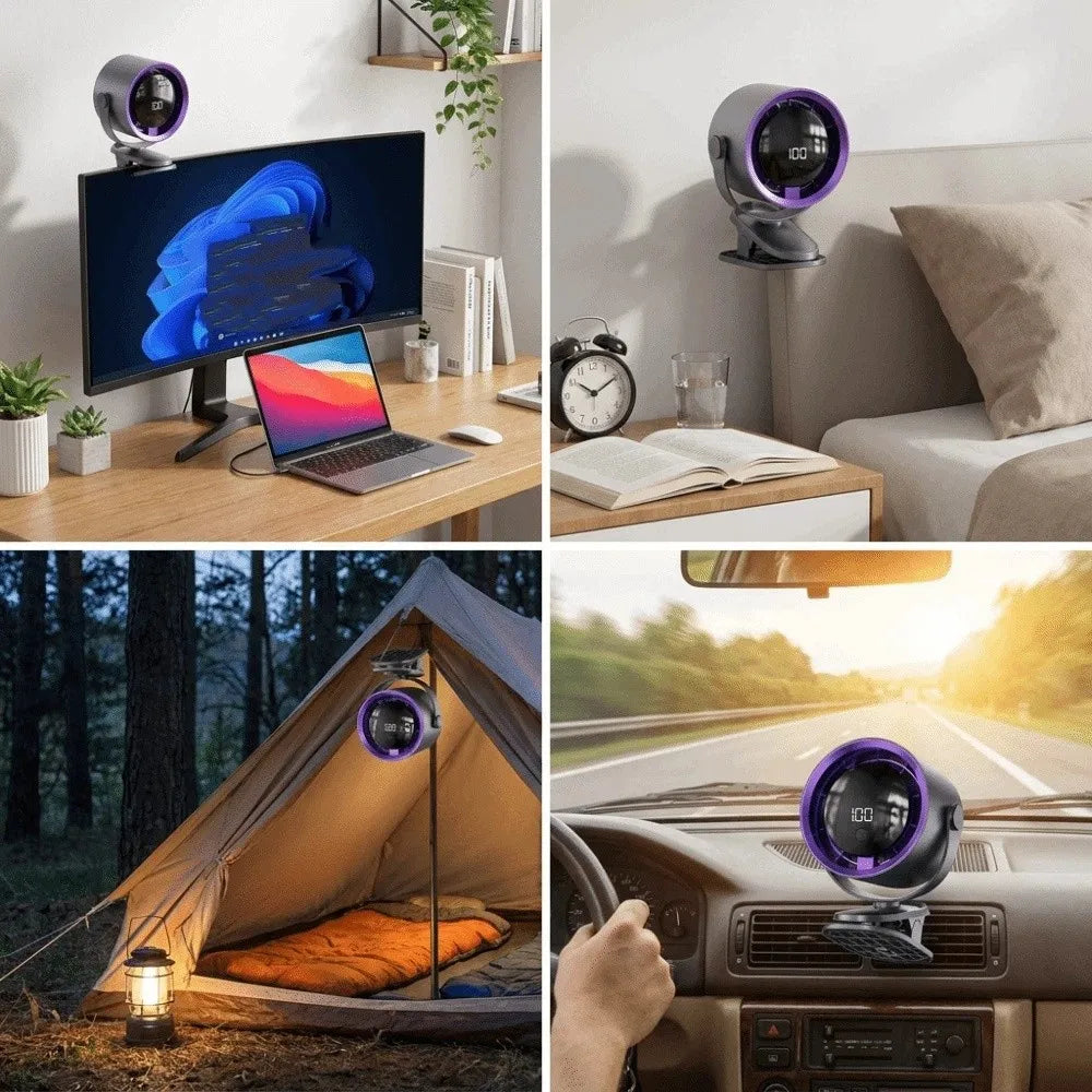 Mini Clip-On Desk Fan – LED Display, USB Rechargeable, Quiet