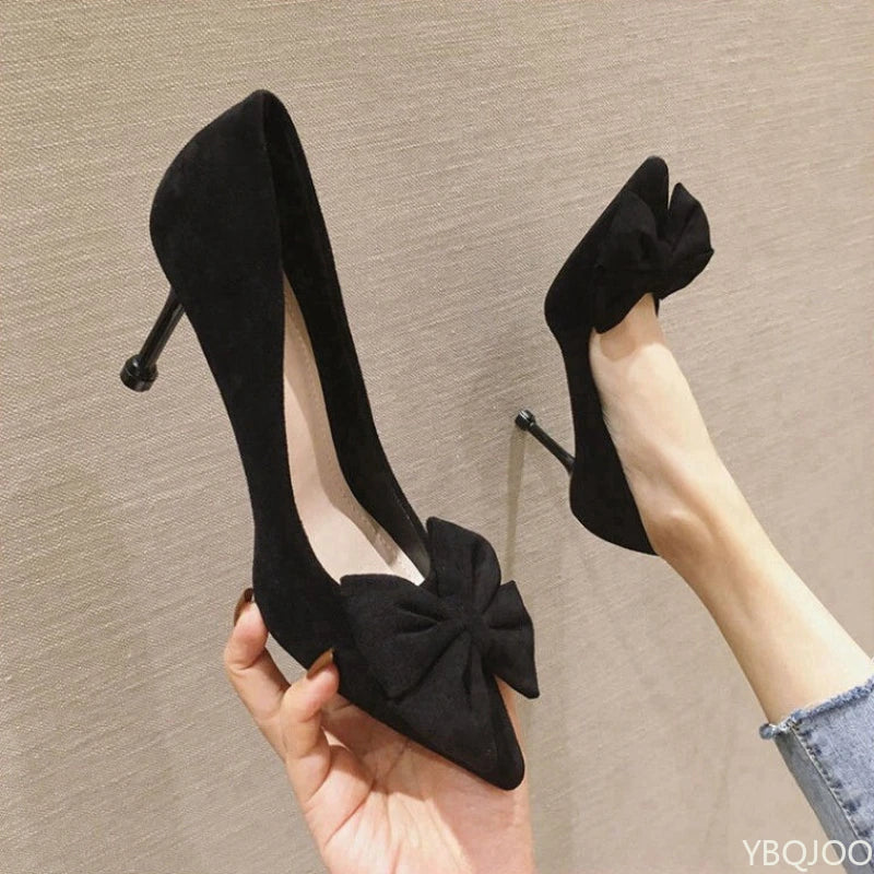 Women's Bow Tie Velvet High Heel Pumps – Pointed Toe Slip-On