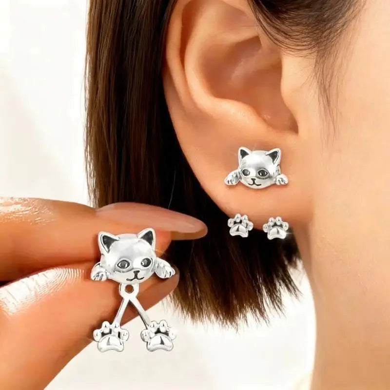 Vintage Silver Cat Paw Earrings – Cute Animal Dangle Jewelry
