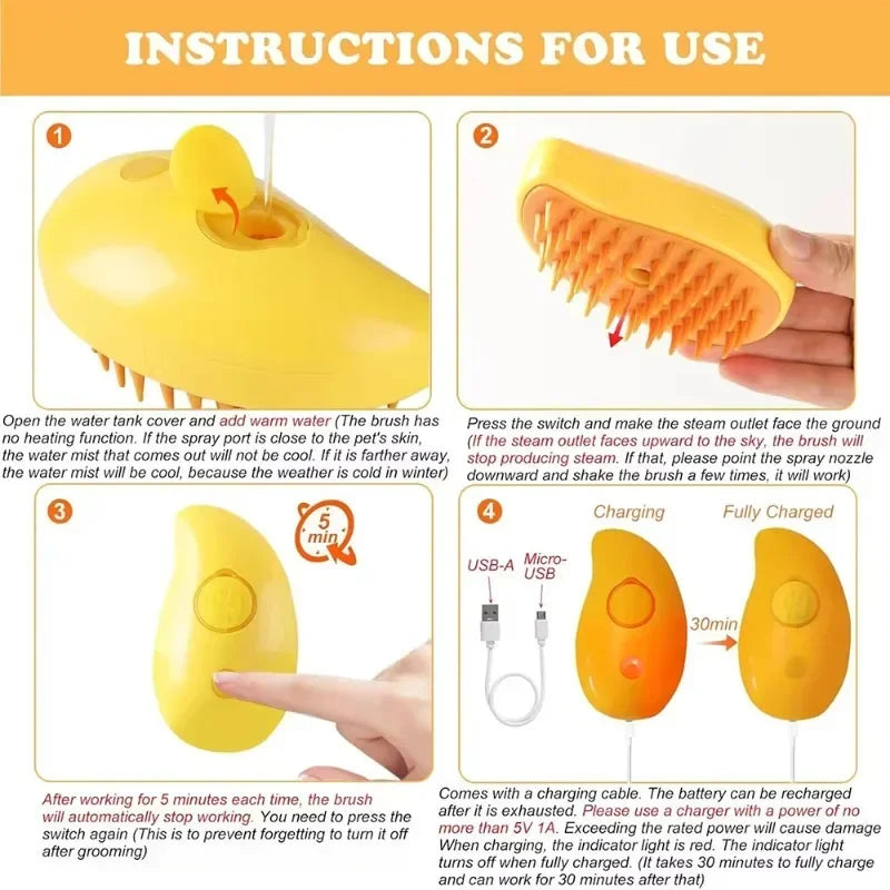 3-in-1 Electric Steam Pet Brush – Cat & Dog Grooming Comb