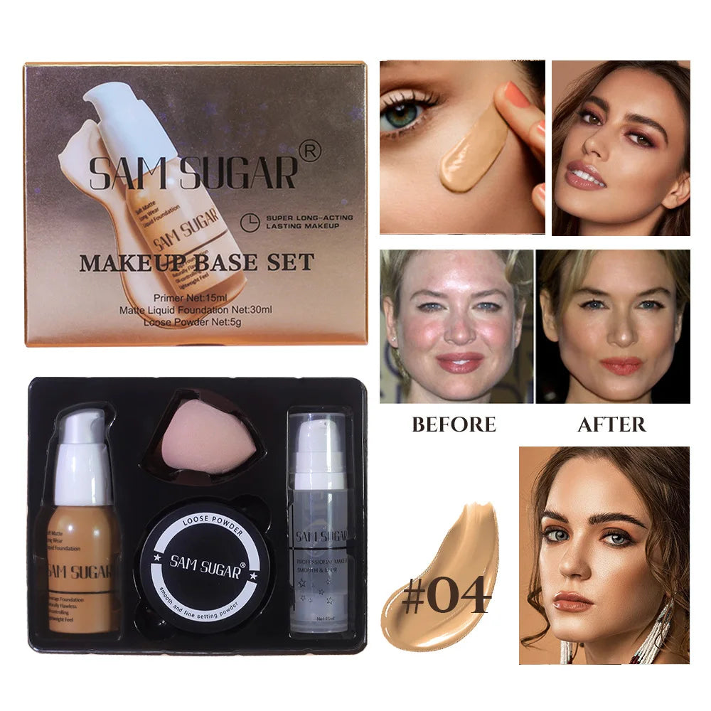 SAM SUGAR Makeup Base Set – Primer, Foundation & Loose Powder