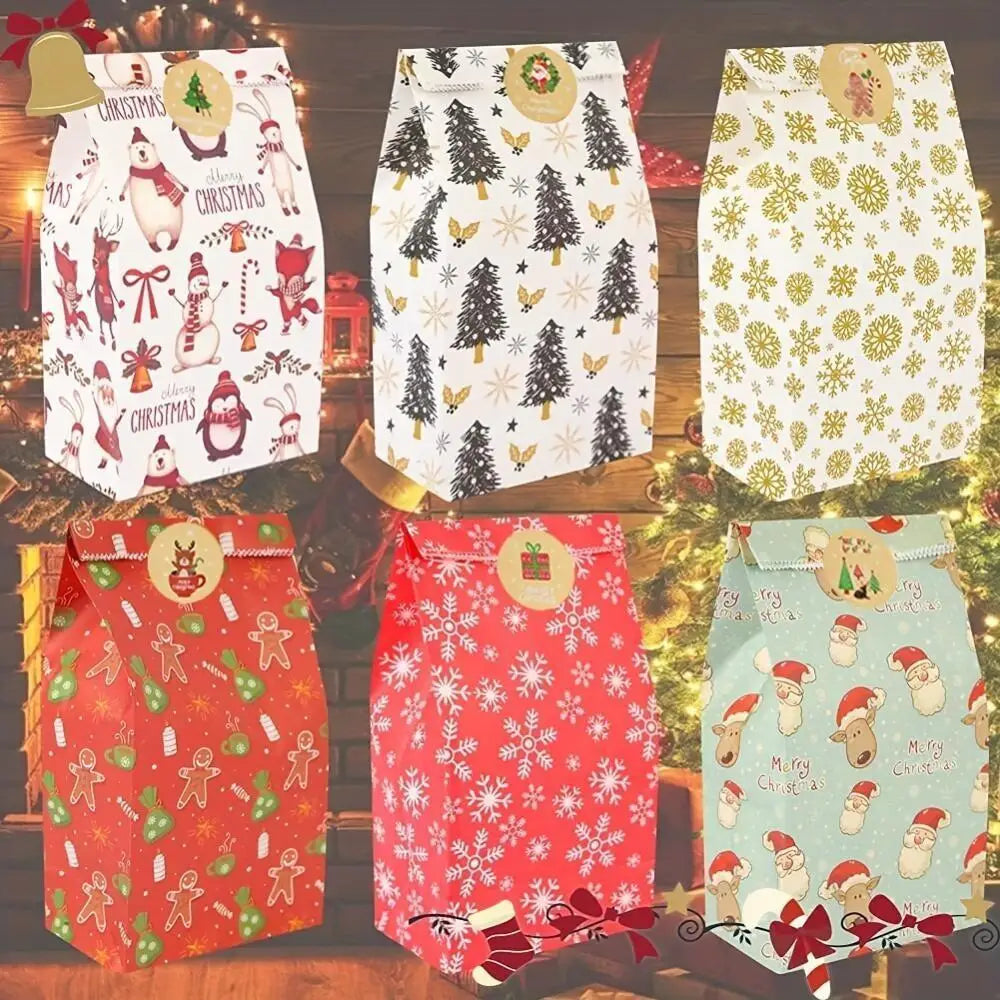24-Pack Christmas Paper Gift Bags – 6 Designs & Stickers