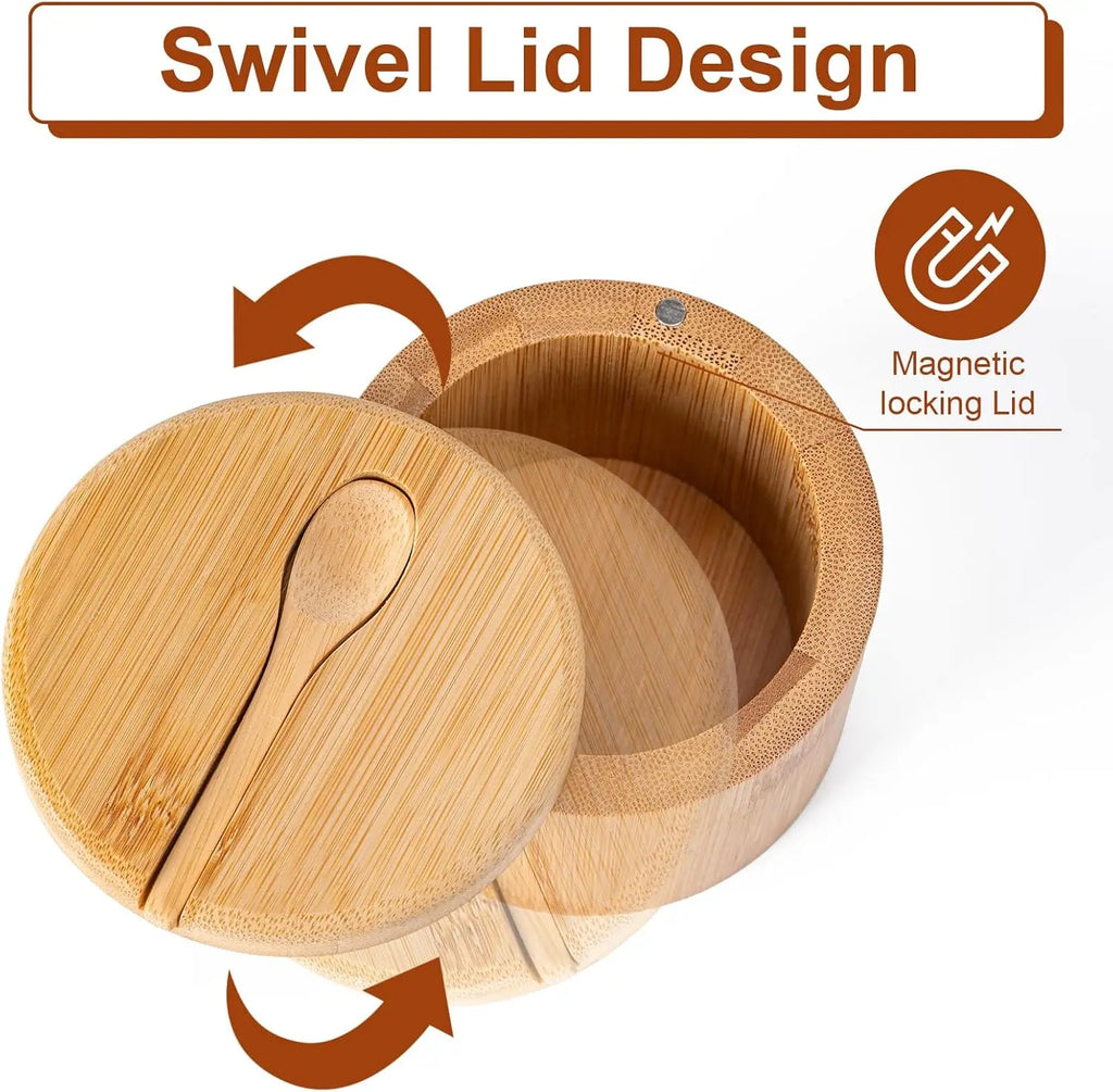 Bamboo Seasoning Container Magnetic Twist-top Lid Spoon Ideal Storing