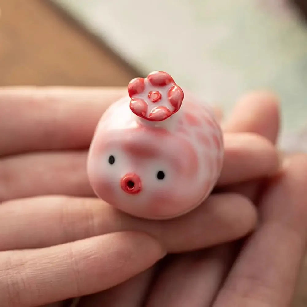 Ceramic Bubble Fish Tea Pet Figurine | Pink Cherry Fish Statue