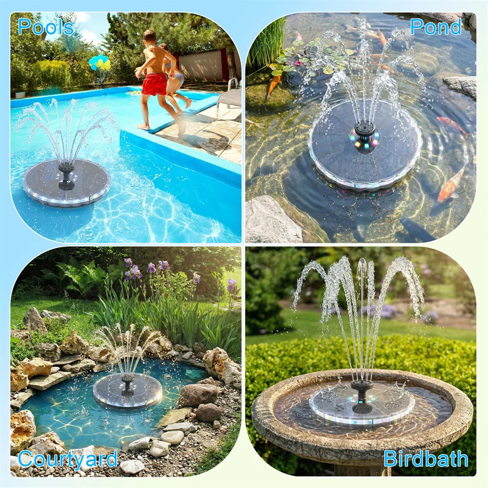 3.5W Solar Fountain Pump – LED Lights, 8 Nozzles, 1800mAh