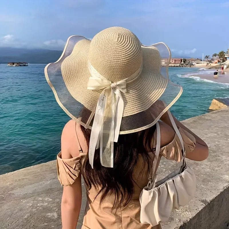 Elegant Wide Brim Sun Hat Bowknot UV Protection Breathable Straw