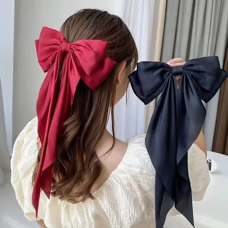 Solid Satin Bow Ribbon Hair Clips Women Elegant Bowknot Hairpins