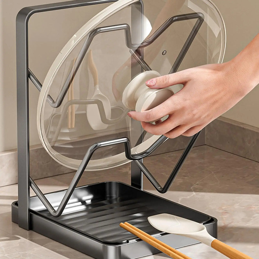 Pot Lid Organizer Cabinet 2-Tier Countertop Rack Drip Tray Spatula
