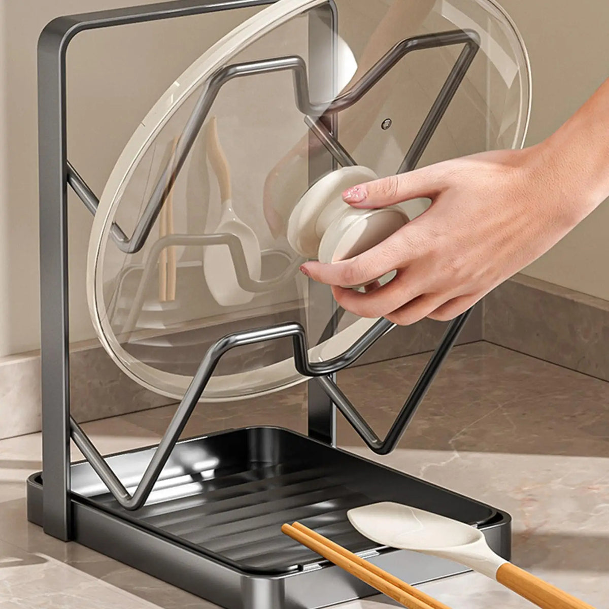 Pot Lid Organizer Cabinet 2-Tier Countertop Rack Drip Tray Spatula