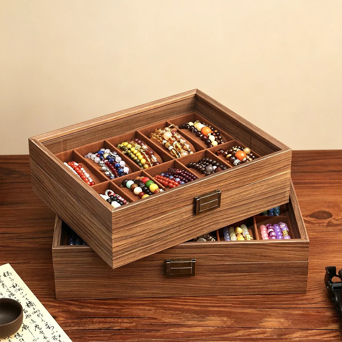 Wooden Bracelet Multi Slot Jewelry Storage Box Velvet Lined Bead