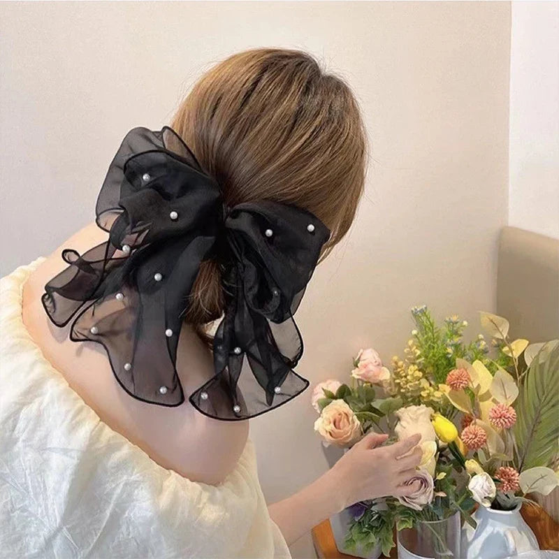 Pearl Bow Hair Clip – Elegant Chiffon Ribbon Barrette for Women
