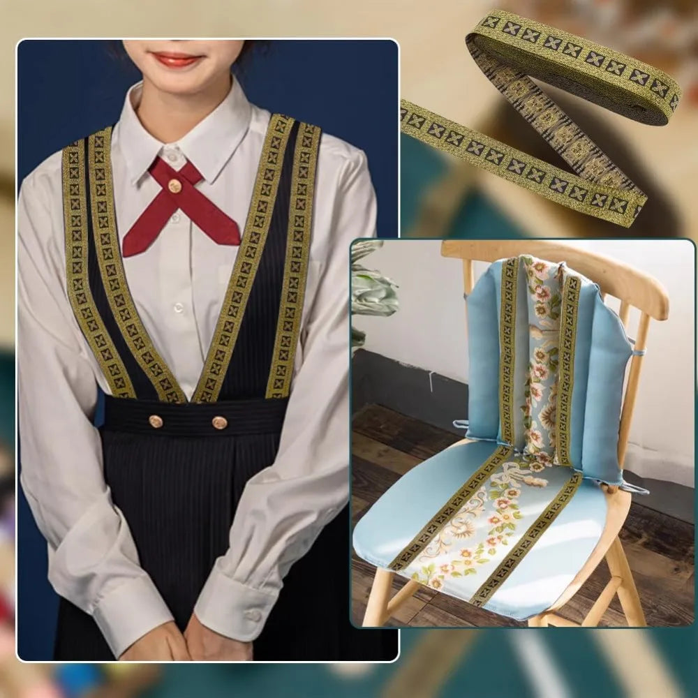 10M Gold Floral Jacquard Ribbon – 1" Ethnic Woven Trim