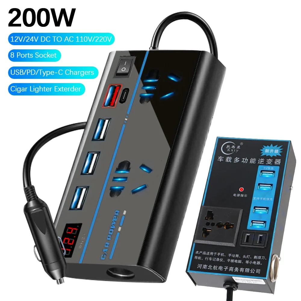 200W Car Power Inverter DC 12V/24V to AC 110V/220V 8-Port