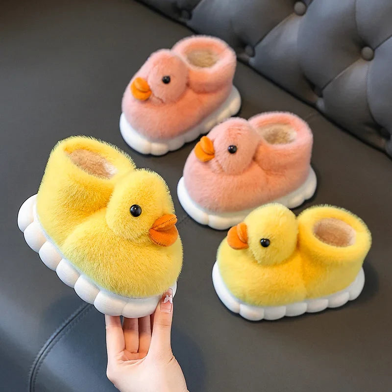 Kids Kawaii Duckling Fuzzy Slippers – Warm Winter Fur Slides