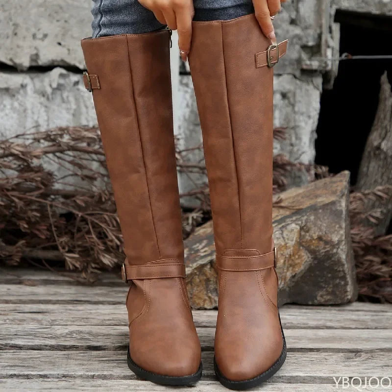 Women's Retro Pleated Buckle Knee-High Boots | Thick Heel