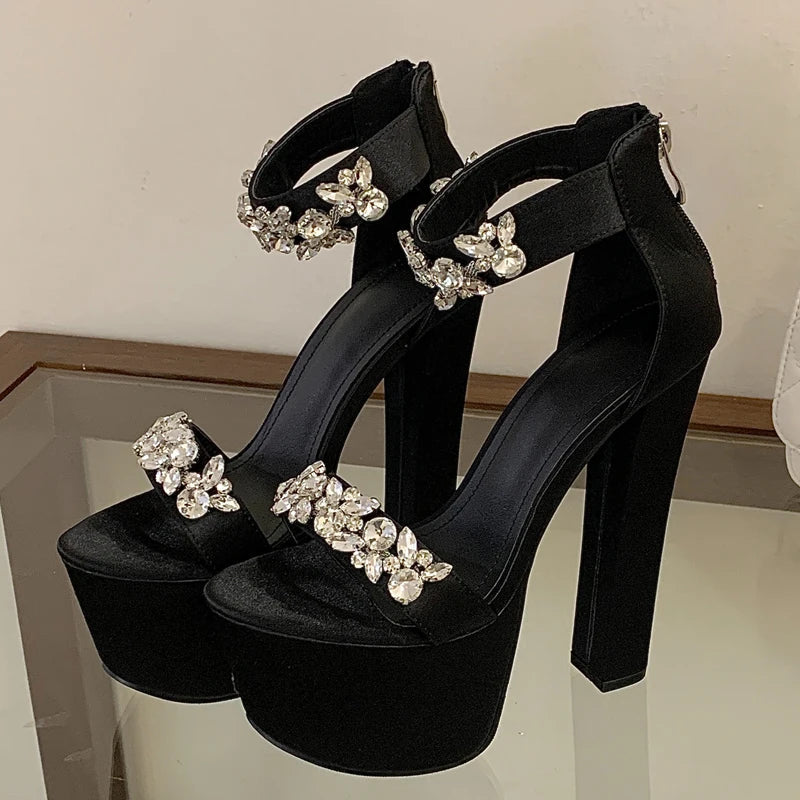 Women's Crystal Diamond Peep Toe Square Heel Platform Sandals