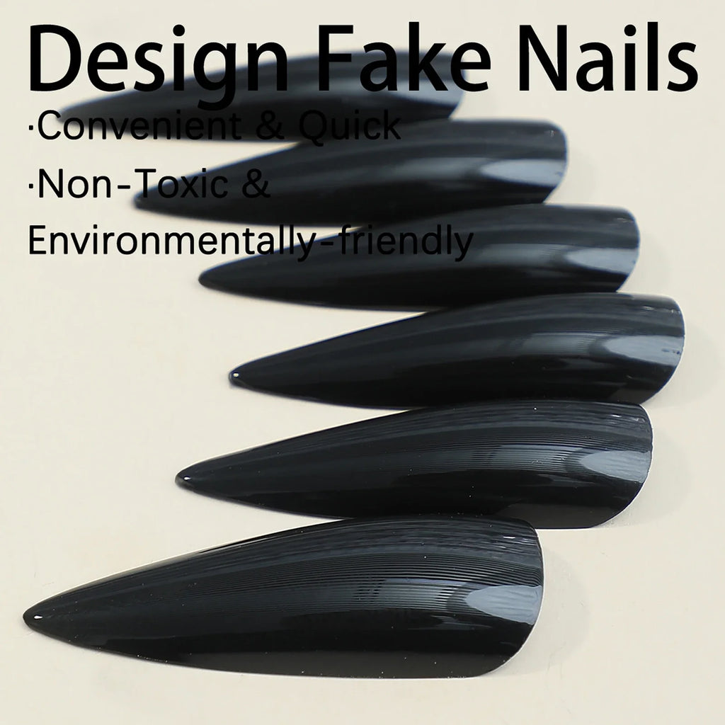 Cool Punk Pointed Tips Fake Nails Classic Solid Gothic Halloween Long