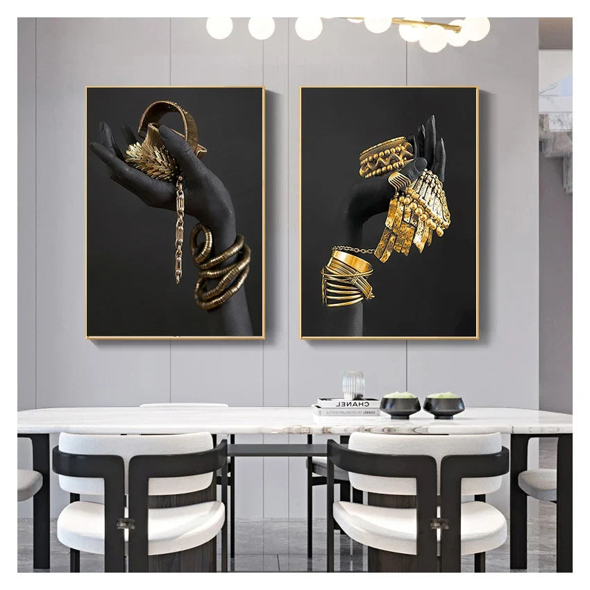 African Black Woman Canvas Wall Art | Gold Jewelry Poster Print