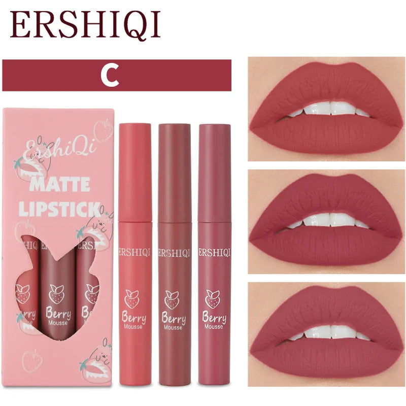 3-Piece Velvet Matte Lip Glaze Set – Waterproof Nude Lip Gloss